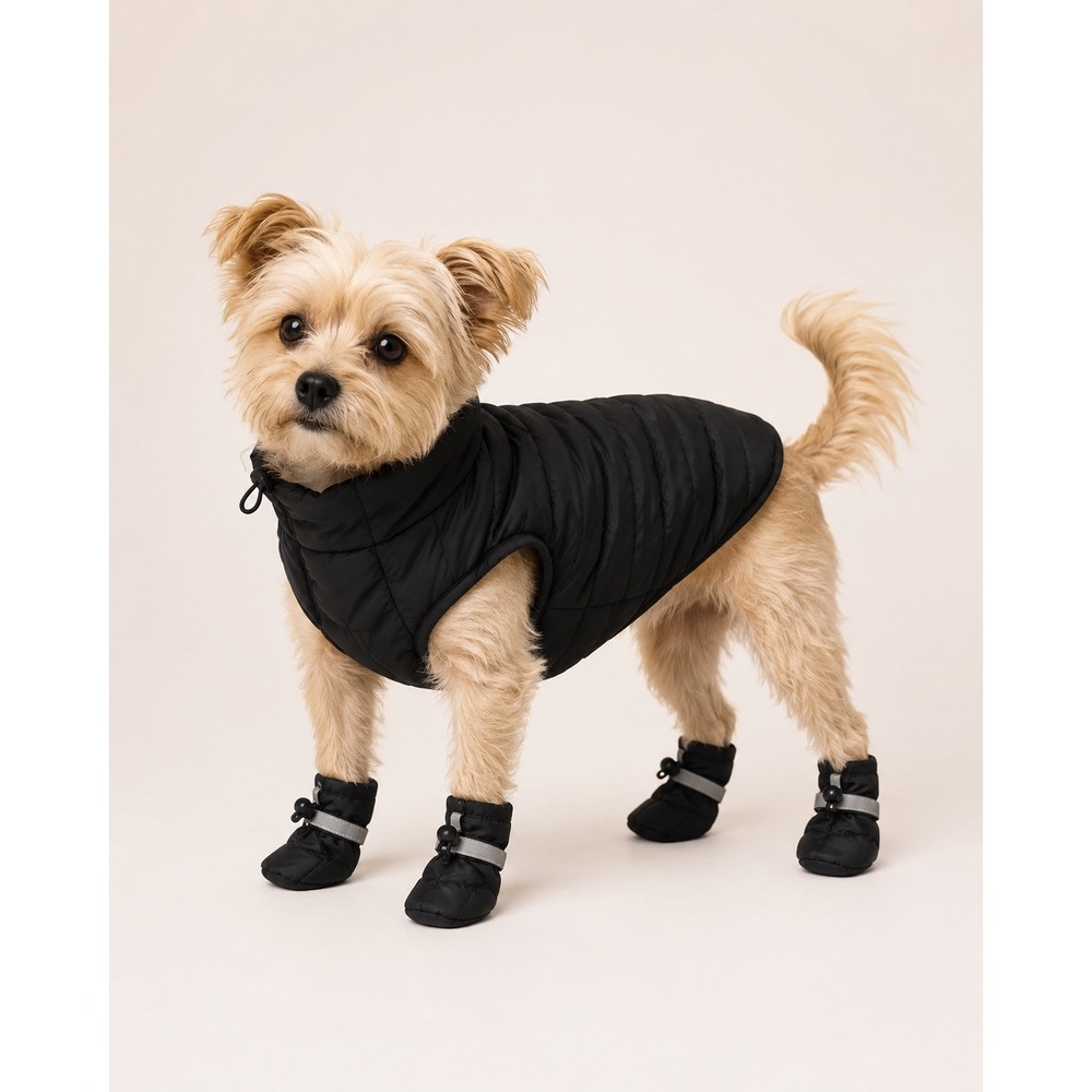 Small Dog Black Puffer Coat‎ Vest Reflective Booties Winter Pet Jacket Set